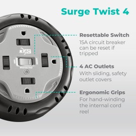 KMC 4-Outlet Surge Twist Cord Reel, Retractable Power Strip Surge Protector, 735J Surge Protection, 5ft Long Retractable Extension Cord, 3-Prong Low-Profile Flat Plug, UL/ETL Certified, Gray