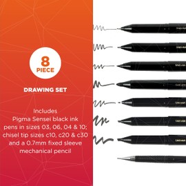 Sakura Pigma Sensei Manga Drawing Kit - Archival Black Ink Pens - Pens for Drawing Manga, Cartoon, & More - Assorted Nib Sizes - 8 Pack