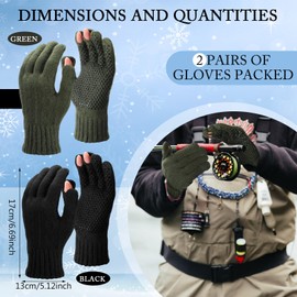 Geyoga 2 Pairs Wool Fingerless Fishing Gloves for Men Women Anti-Slip with Grip Dots Warm Winter Fly Ice Fishing Gloves(Black and Green,3 Cut Fingers)