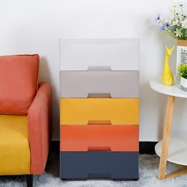 YIPONYT 5 Drawer Dresser, Tall Dresser Chest of Drawers with Casters, 5 Drawer Chest Stackable Vertical Storage for Living Room, Hallway, Entryway,Morandi