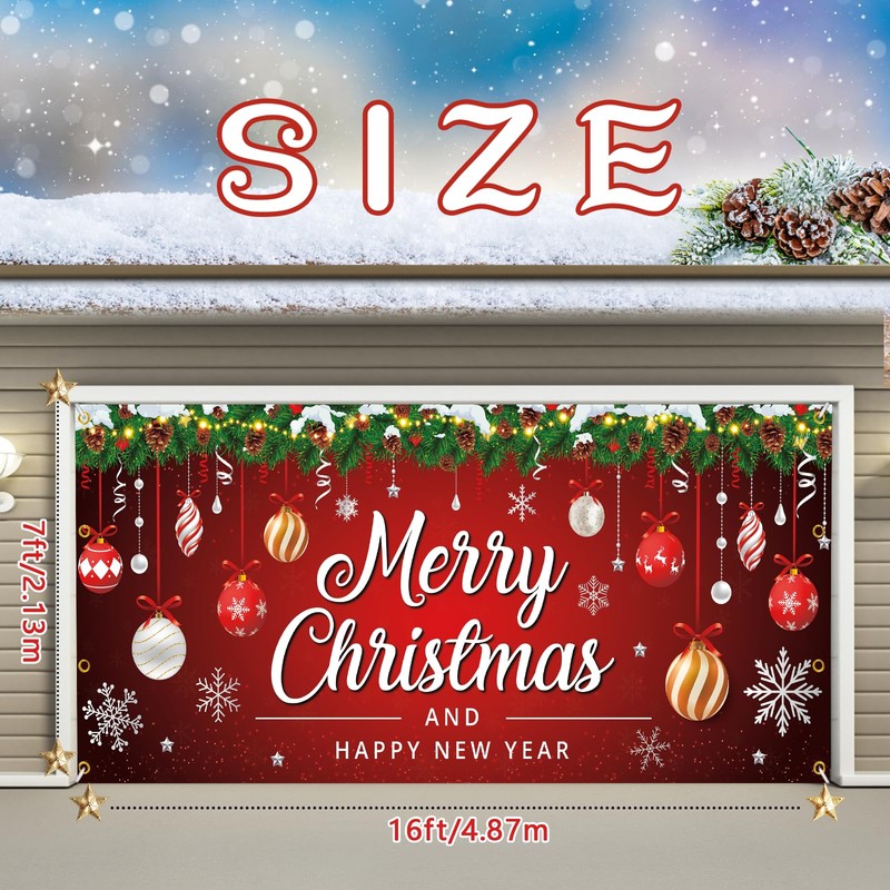 Vrainito 7x16ft Christmas Garage Door Cover with LED String Lights,