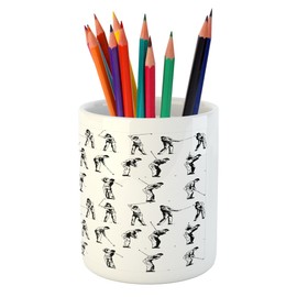 Ambesonne Golf Pencil Pen Holder, Golf Swing Shown in 14 Stages Sports Hobby Themed Sketch Art Storyboard Print, Ceramic Pencil Pen Holder for Desk Office Accessory, 3.6" X 3.2", White Grey