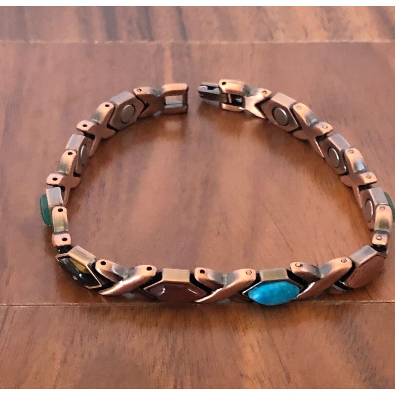 Shameg Copper Magnetic Link Multi Color Stones Bracelet Arthritis Pain