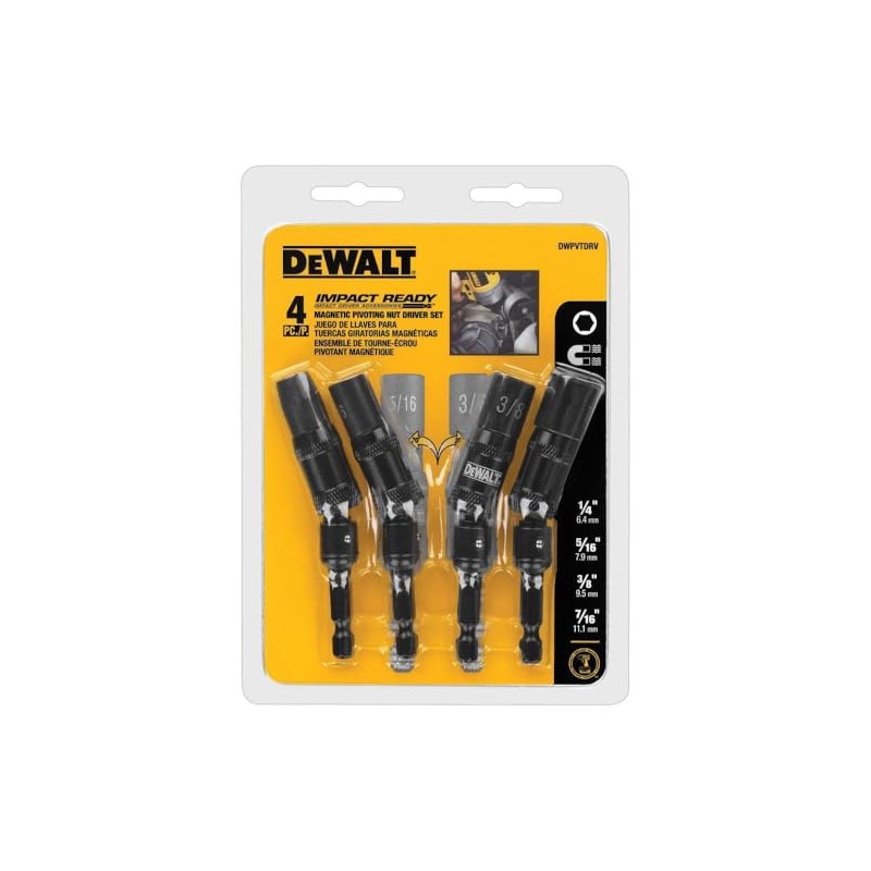 DEWALT DWPVTDRV 4-Piece Impact Ready Pivoting Nutsetters, 1/4-Inch, 5/16-Inch, 3/8-Inch,