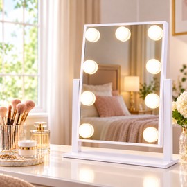 Hollywood Vanity Makeup Mirror with 9 LED Bulbs, 3 Color Lighting Modes & 360° Rotation for Dressing Table