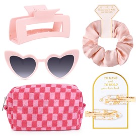 5PCS Bridesmaid Proposal Gifts Bridesmaid Hair Clips Scrunchies Sunglasses Makeup Bag Bachelorette Party Wedding Favors Bridal Party Present Hair Accessories for Women Girls Pink