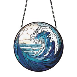 PLIGREAT Ocean Wave Stained Glass Suncatcher Acrylic Window Hanging Hand Painted Glass Decor for Women Patio Garden Hanging Tree Ornaments for Christmas Thanksgiving Housewarming Gifts, 6.3" * 6.3"