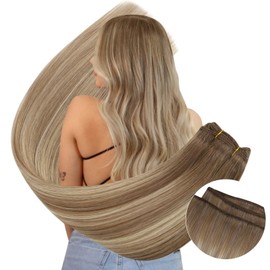 Ugeat Weft Hair Extensions Real Human Hair Natural Light Brown Mix Platinum Blonde Balayege Breathable Straight Remy Sew in Weft Extensions for Women No Tangle 18inch 100G