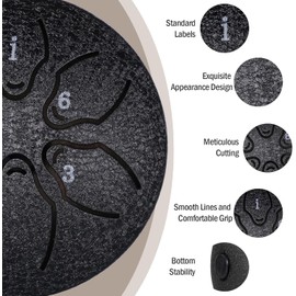 Steel Tongue Rain Drum - 3 Inch 6 Notes for Outside with Drum Bag, Music Book, Mallets, Musical Education Entertainment Meditation Yoga Zen Gifts (Black)