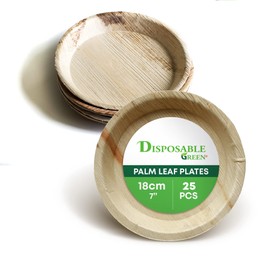 DISPOSABLE GREEN – Round Disposable Plates, Areca Leaf Serving Plates, Dinner Plates for Parties, Weddings, Catering, & More, Disposable Plates for Hot Food & Cold Food, 18 x 2cm, 25-Pcs