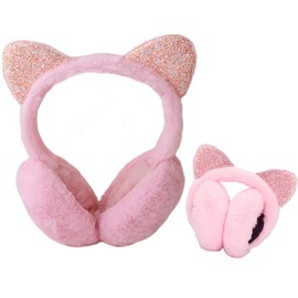 Foldable Kids Plush Winter Earmuffs Cat Ears Inspired Girls Faux Fur Ear Warmer Boys Soft Cushioned Warm Ear Muffs Fleece Earflaps Cold Weather Ears Protector Kids Ski Snow Ear Covers Xmas Gift