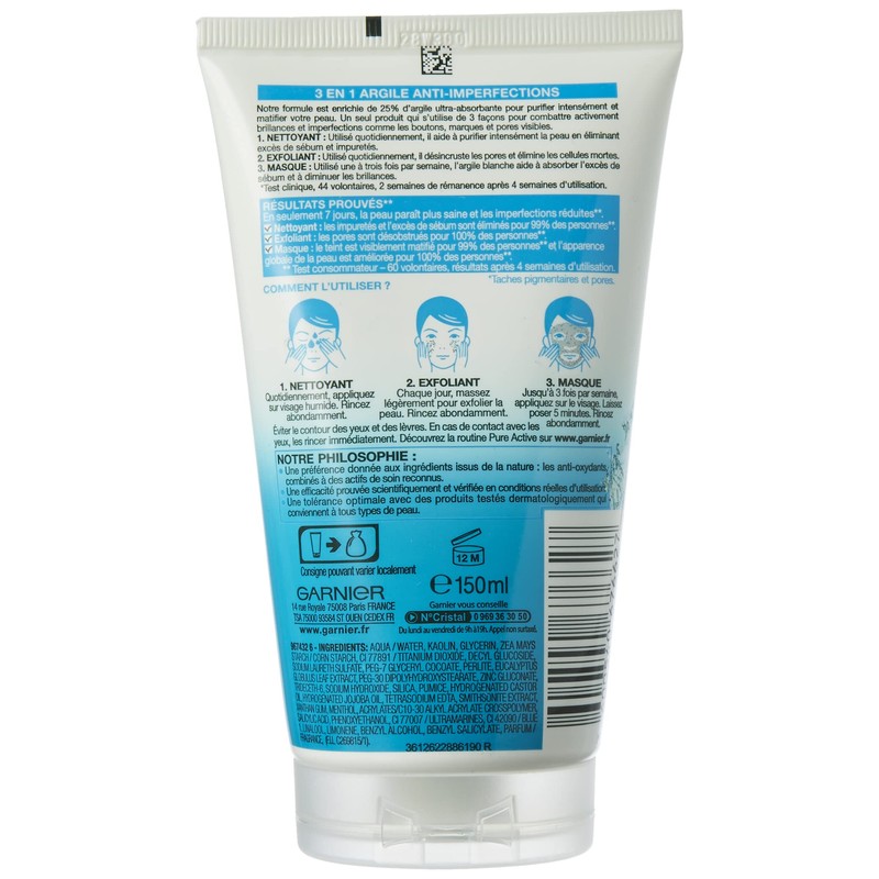 Garnier Garner Pure Active 3-in-1 Cleanser 150ml (Pack of 4)