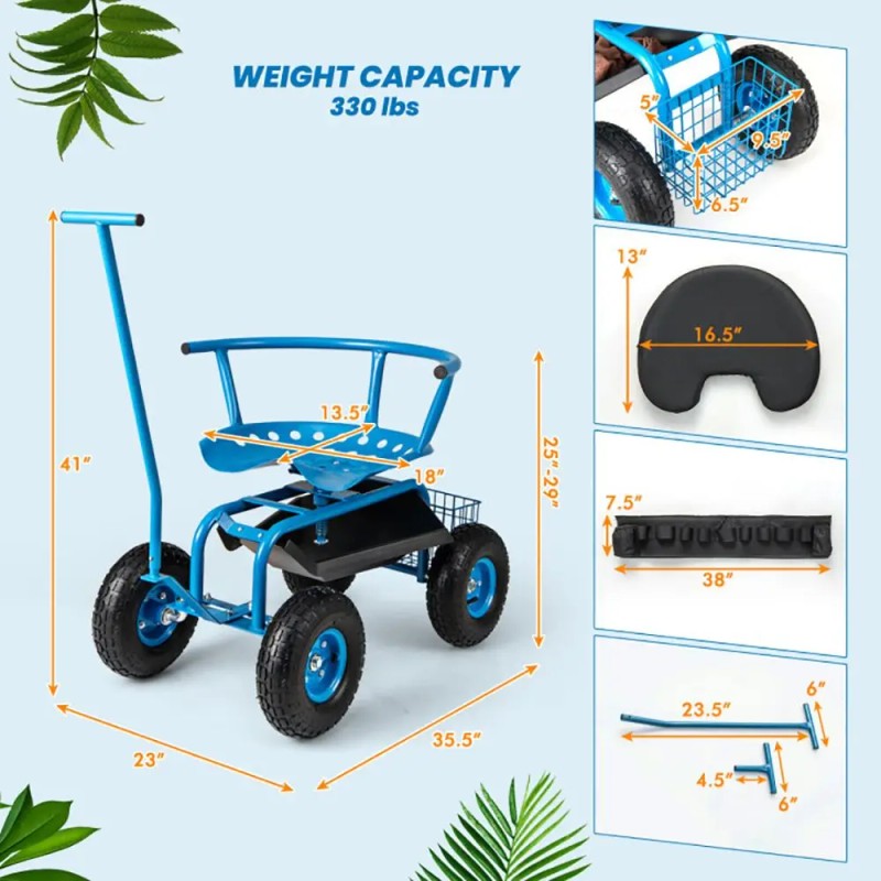 1pc Height Adjustable Swivel Seat Rolling Garden Cart with Storage