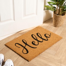 OHS Coir Entrance Door Mat Hello Print, Non-Slippery Heavy Duty Stylish Washable Door Mat Indoor & Outdoor Perfect Dirt Trapping Doormats, Brown - 40 x 60cm