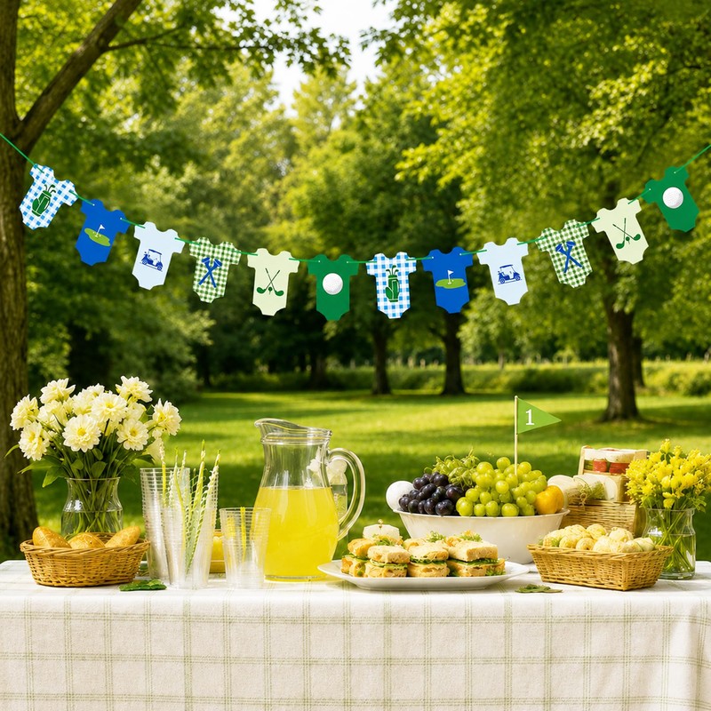 Golf Baby Bodysuit Banner, Green Gingham Baby Shower & 1st