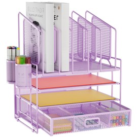 Marbrasse Desk Organizers, 4-Tier Mesh Desk File Organizer with 5 Vertical File Holders and 2 Pen Holders, Multifunction Desktop Organizer,Desk Organizers and Accessories for Home Office (Purple)