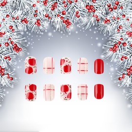 Christmas Press on Nails Short Square Fake Nails With Red Delicious Designs Fruit False Nails Christmas Eve Artificial Glossy Stick on Nails for Women Girls 24 Pcs