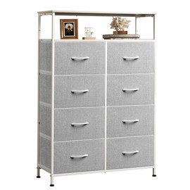 WLIVE Fabric Dresser for Bedroom with Open Shelves, Tall Dresser with 8 Drawers, Storage Tower with Fabric Bins, Chest of Drawers for Closet, Living Room, Hallway, Light Gray