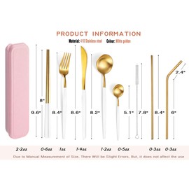 AARAINBOW 8 Pieces Stainless Steel Flatware Set Portable Reusable Cutlery Set Travel Utensils Set Including Chopsticks Knife Fork Spoon Straws Cleaning Brush Dishwasher Safe (White Golden)