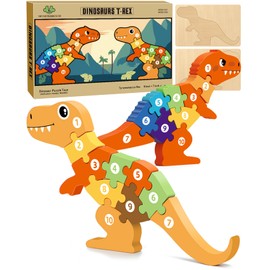 MONSTERBOKER 𝟭𝟭” Wooden Dinosaur Puzzle 𝟭+ Year Old Boy Girl Birthday Gift Kid Age 3 5 Colorful Number Chunky Floor Puzzle Toddler 2 4 Educational Learning Toy 6 7 8 T- Rex Allosaurus Dino Craft