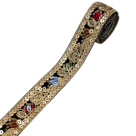 CABODYALS 9.14M 25mm Black Gold Jacquard Metallic Sequin Ribbon Embroidered Vintage Floral Trimming Ethnic Thin Glitter Polyester Ribbons for Sewing Making Clothes Dress Decor DIY Crafts Invitations