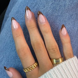 30 Pcs Brown French Tip Press on Nails Short Almond Nails Press ons, Short Fake Nails Almond Shaped Acrylic Nails Christmas Natural French Glue on Nails Short False Nails for Women 15 Sizes