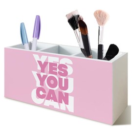 KRHFG Pink Inspirational Makeup Brush Holder Organizer, Trendy Preppy Toothbrush Holders for Girly Bathroom, Yes You Can Motivational Pen Pencil Holder for Dorm Bedroom Desk Accessories