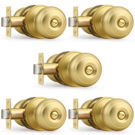 Probrico Brushed Brass Bed/Bath Knobs Keyless Privacy Interior Doors Locksets, Gold Door Knobs 5 Pack