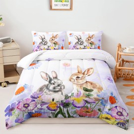 AILONEN Watercolor Rabbit Comforter Set Full Size, Wild Flowers Rabbit Themed Microfiber Soft Bedding Set,3-Piece Tie Dye Rabbit Printed Home Decorative Comforter with 2 Pillowcases