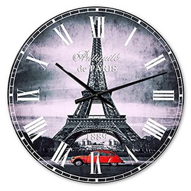 DesignQ 'Eiffel and Old Red Car' French Country Wall Clock for Home Bedroom Bathroom Office Living Room Decoration