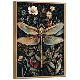Framed Vintage Botanical Dragonfly Wall Art Dark Green Gothic Nature Dragonfly Flowers Wall Decor Pictures for Living Room Bedroom Home Decoration 8x10in