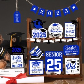 22 Pcs 2025 Graduation Tiered Tray Signs Sets Farmhouse Wooden Class of 2025 Graduation Signs for Home Party Tiered Tray Table Office Desk(Blue)