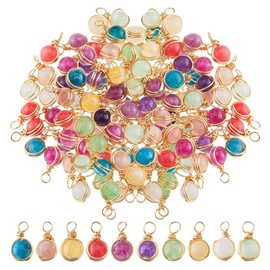SUPERFINDINGS 60Pcs 10 Colors Natural Stone Pendants Round Pendants Quartz Crystal Stone Charms Beads Charms Gold Copper Wire Wrapped Pendants for DIY Jewelry Making