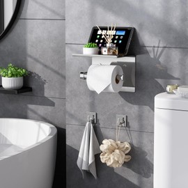 Tindbea Mega Size Toilet Paper Holder with Shelf + Towel Robe Hooks, Adhesive or Screw Wall Mounted Toilet Paper Roll Holder, Stainless Steel Bathroom Hardware Set (Polished Chrome)