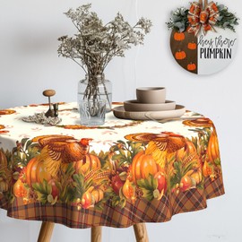 bnhjsdw Thanksgiving Turkey Tablecloth Vintage Fall Pumpkin Table Cloth for Kitchen Decoration - 60" X 60" Round