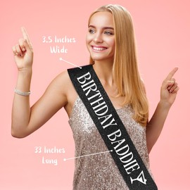 PartyForever Birthday Baddie Sash – Black Glitter Sash with Silver Letters & Martini Icon + Luxe Pearl Pin | Birthday Sash for Women | Extra Long, Soft Back, Glam Party Gift for Any Age