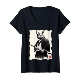 Womens Samurai Rhinoceros Design Manga Culture Warrior Japan V-Neck T-Shirt