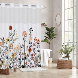REZAYMRS Wild Floral 3 in 1 Shower Curtain No Hooks, 71x74 inch Waterproof & Washable, Polyester Shower Curtains with Snap in Fabric Liner, Sheer Top Window, Double Layer Bathtubs Hotel Curtain Set