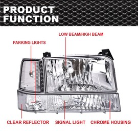 CNNELL Headlights Compatible with 1992-1996 Ford F150/Bronco, 1992-1997 F250/F350/FSuper Duty w/Corner Signal Bumper Lamps(Clear lens Chrome Housing Clear Reflector)