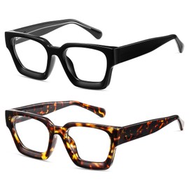 PUBOWT Oversized Reading Glasses for Women Oprah Style Computer Thick Readers Blue Light Blocking Spring Hinge Eyewear PT2007 (2 Pair Black+Demi) + 300 X