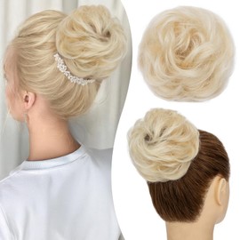 S-noilite Messy Bun Hair Piece Human Hair Wavy Curly Hair Piece for Women Real Messy Hair Bun Scrunchies Updo Platinum Blonde