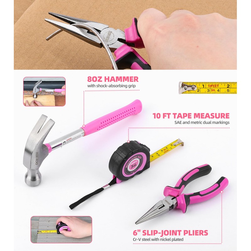 DOWELL 116Pcs Pink Tool Kit with 3.6V USB Cordless Screwdriver,