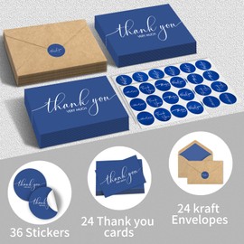 AZAZA 24 Pack Thank You Cards with Envelopes & Stickers,Thank You Notes Bulk 4x6 Inches Blank Thank You Cards for Wedding, Bridal Shower, Baby Shower, Small Business, Funeral,Blue