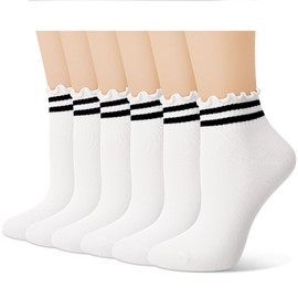 Zuimei 6 Pairs White Frilly Socks Women Striped Ruffle Socks Woman Cotton Cute White Ankle Socks Breathable Casual Crew Socks for Womens Ladies Girls UK Size 3-7