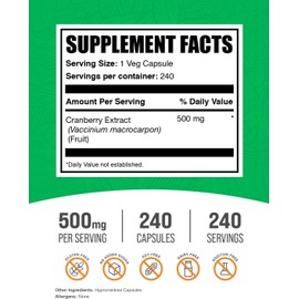 BulkSupplements.com Cranberry Extract Capsules - Cranberry Supplements for Men & Women, Herbal Supplement - Vegan & Gluten Free, 1 Capsule per Serving (500mg), 240 Count (Pack of 1)