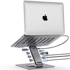Adjustable Laptop Stand for Desk with Docking Station 9-in-1, Aluminum Laptop Riser with USB Hub, 360° Swivel, Dual Display 4K60Hz HDMI, 3 USB3.0, 100W PD Charging, for MacBook Pro Air/Dell/HP 7-15.6"