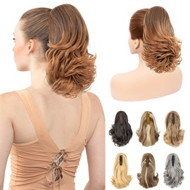 LuxeHair 11” Classic Loose Curly Claw Clip In Ponytail Extension, Short Curly Wavy Claw Clip On Ponytails Hair Extensions Hairpieces for Women- Dark Brown/Auburn End