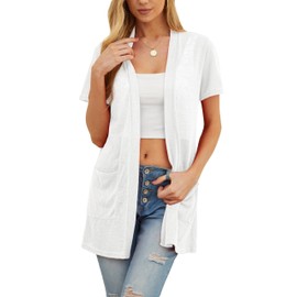 QIXING Womens Summer Cardigan Lightweight Short Sleeve Long Cardigan - Sun Protection, Breathable, Soft Cardigans Perfect for Summer Nights, Office and Dating (White, L)