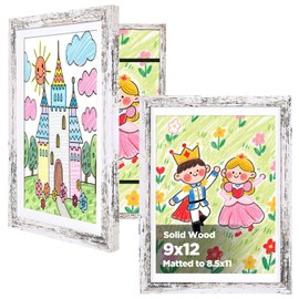 KINLINK 9x12 Kids Art Frames Set of 2, Solid Wood Kids Artwork Frames Changeable with Acrylic Front Opening Holds 150 Pictures, Art Frame for Kids Artwork with Mat or without Mat, Rustic White
