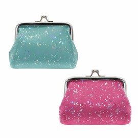 AfitLulu 2PCS Coin Purse, PU Star Dot Small Coin Pouch with Iron Clip Buckle Coin Wallet, Change Purse for Women for Cards, Change, Coin, and Lipstick (Blue+Rose Red)